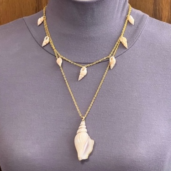 Seashell 2-Layer Boho Beach Handmade Gold Necklace, Real Spiral Seashells - Picture 2 of 16